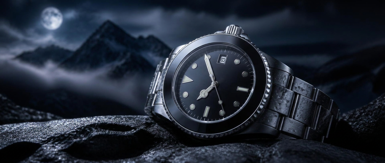 Luxury dive watch resting on dark rock at night